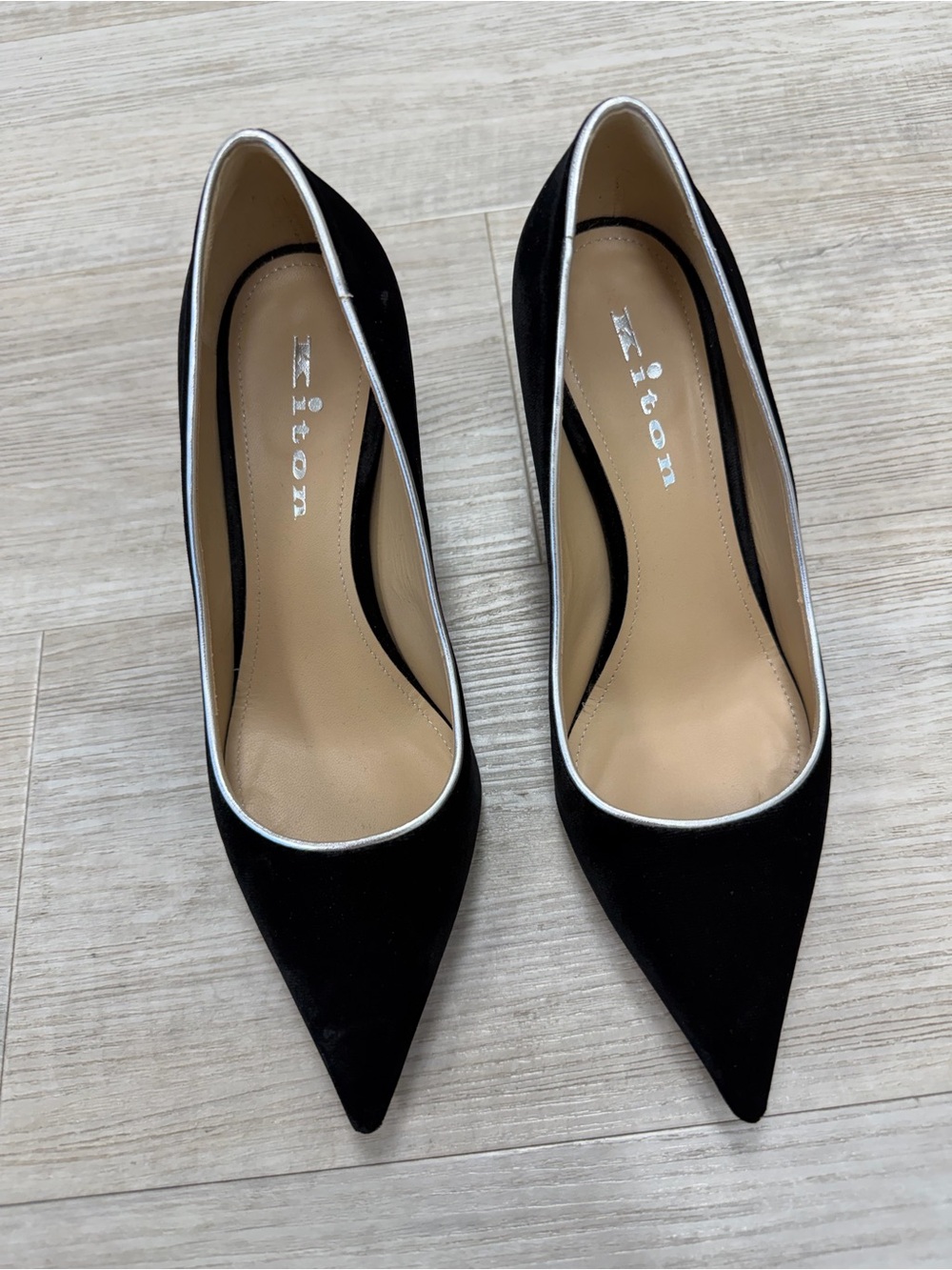 Kiton Black Pointed-Toe Heels with Silver Trim